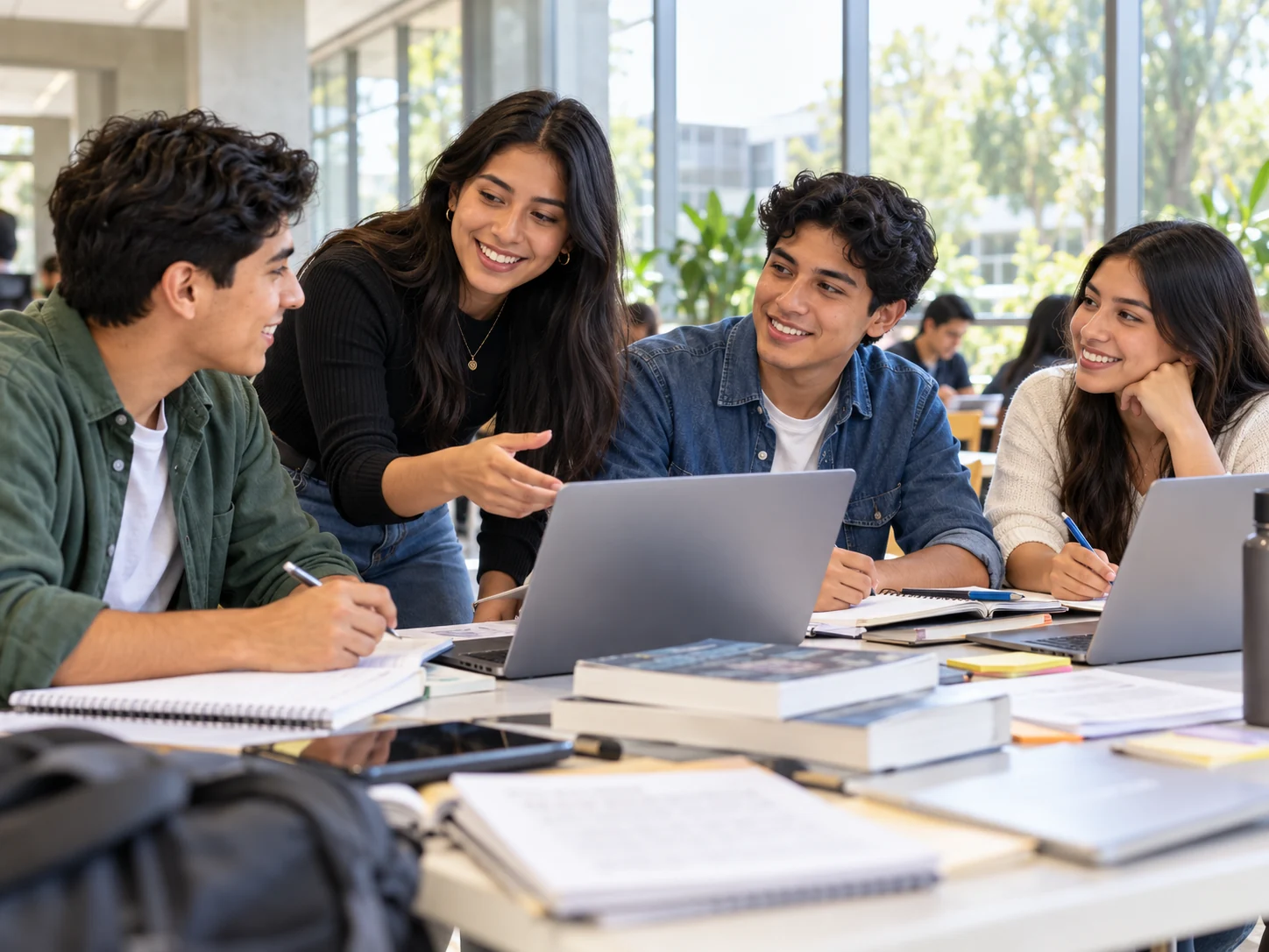 Estudiantes universitarios latinos trabajando colaborativamente en un campus moderno